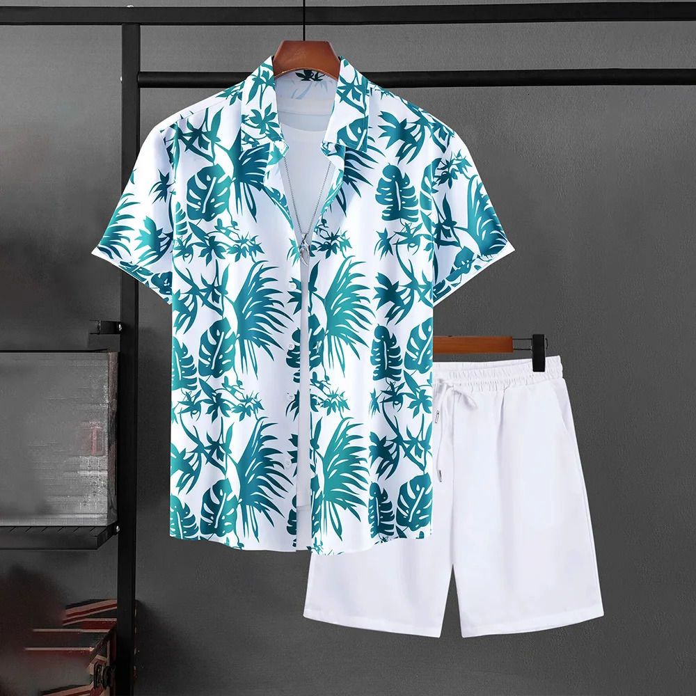 Hawaii Vacation Mens 2-Piece Set Button Down Short Sleeve Shirt And Shorts Outfits Elastic Waist Shorts Palm Leaf Print Shirts 250320