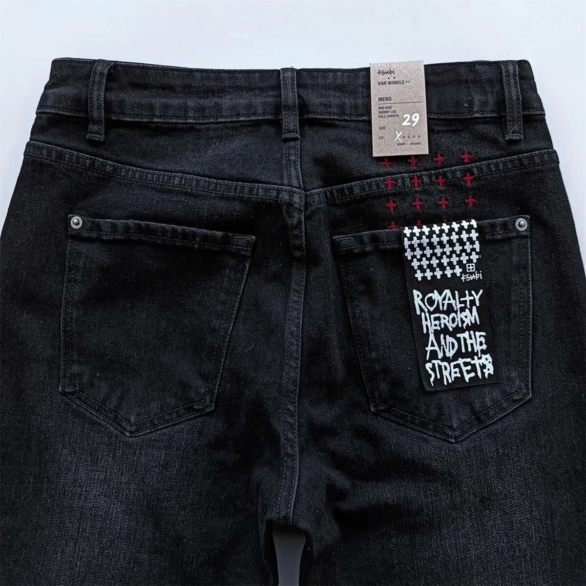 Designer Jeans 2025 Spring/summer New Men's High Street Retro Washed Black Letter Printed Trendy Daily Casual Low Waist Elastic Tight Jeans Brand