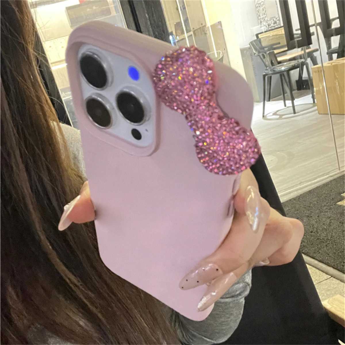 Luxury rhinestone bow Litchi pattern leather phone case suitable for 16 15 14 13 11 Pro Max cute bow shock resistant soft phone caseXJ250321