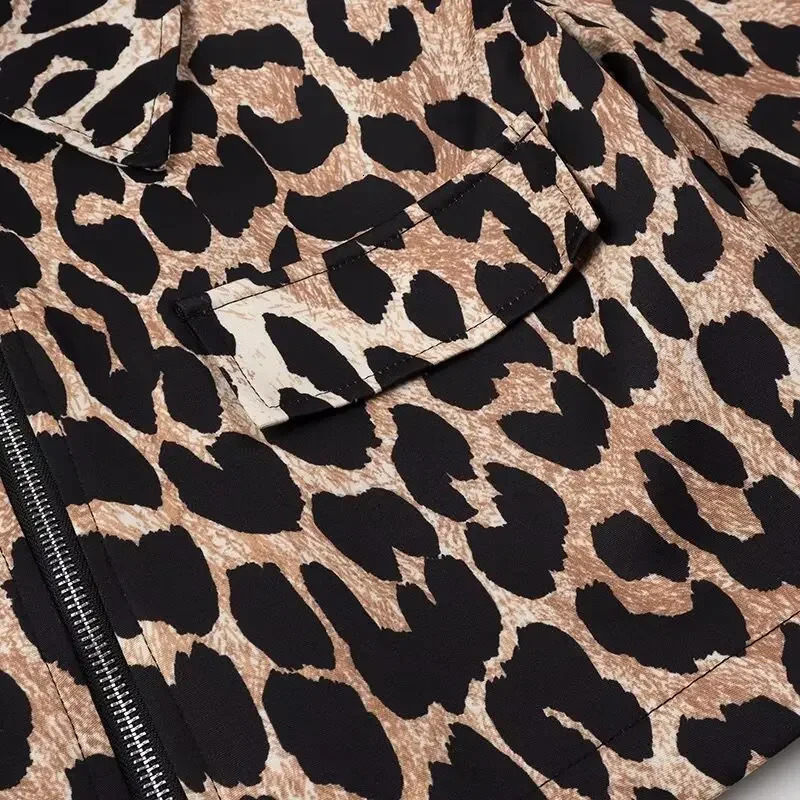 Y2K TRAF Leopard Print Jackets for Women Spring Chic Turndown Collar Coat Female Front Zipper with Pockets In Outerwear 250320