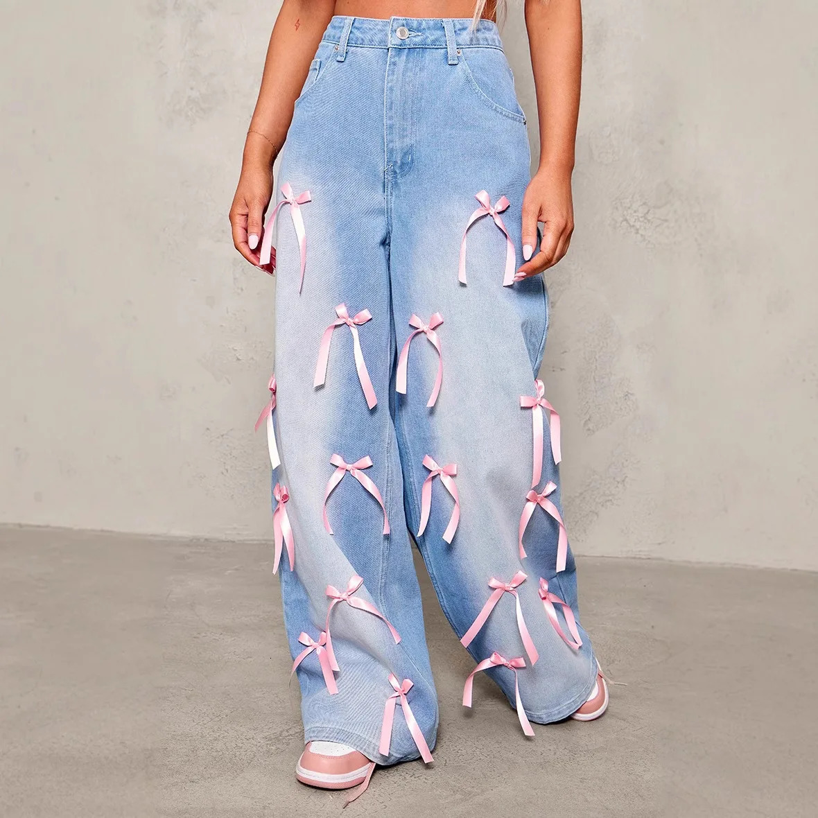 Women Denim Pant Jeans Wide Leg Long Pants Bow High Waist Straight Trousers Y2k Streetwear Elegant Casual Loose Party Club 250320