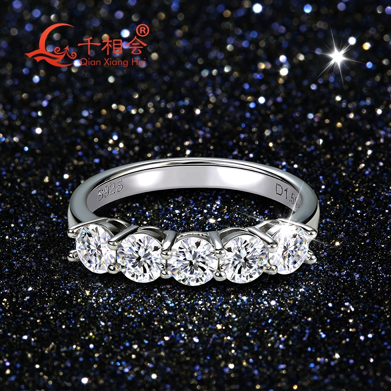 1.5ct 4mm round five stones D vvs white moissanite Half Eternity Band ring 925 Sterling Silver Jewelry Engagement women gift GRA