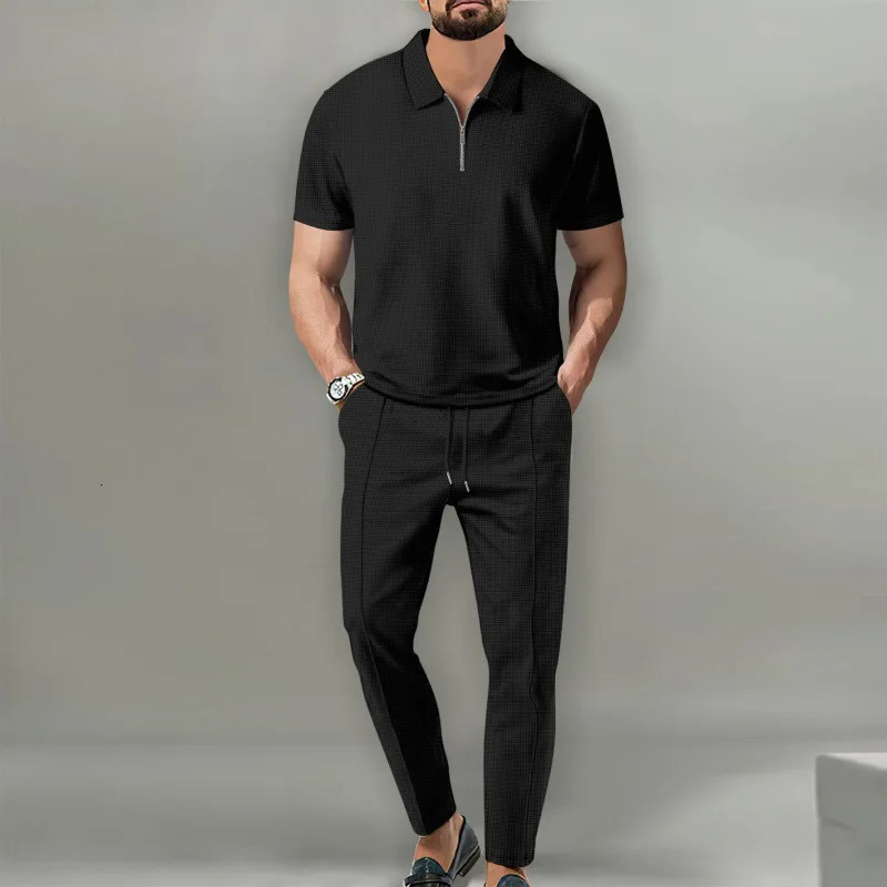2-piece set of Spring and Autumn mens solid color set waffle collar short sleeved zipper pants set 250320