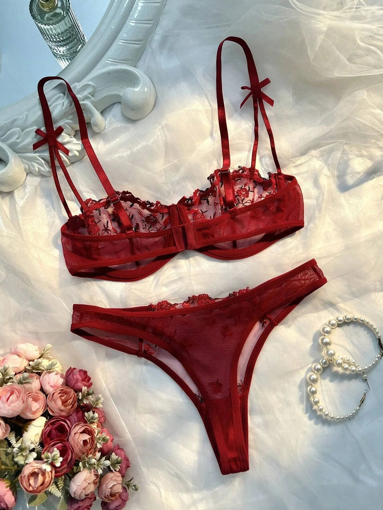 Round Up Night Beautiful Sexy Women 2 Piece Floral Embroidery Underwear Sexy Erotic Lingerie Underwear Lenceria Sexy Sets 250320