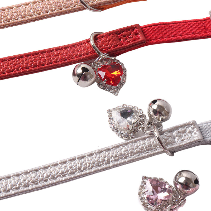 Leather Cat Collar with Bell and Extra Large Heart-Shaped Crystal Charm Cute Pet Leather Kitten Collar with Safety Elastic Strap for Boy Girl Small Ki