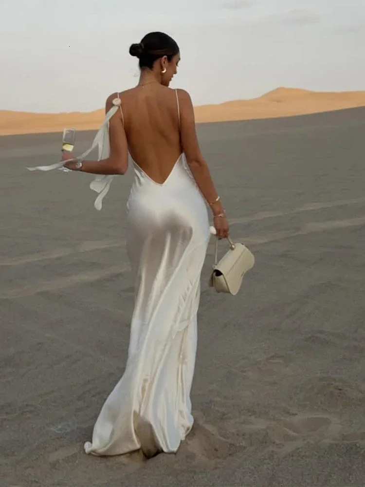Sexy Lady Solid Color Satin Strap Backless Long Dress Elegant Lace Up Sleeveless Maxi Dresses Woman Evening Party Robe 250320