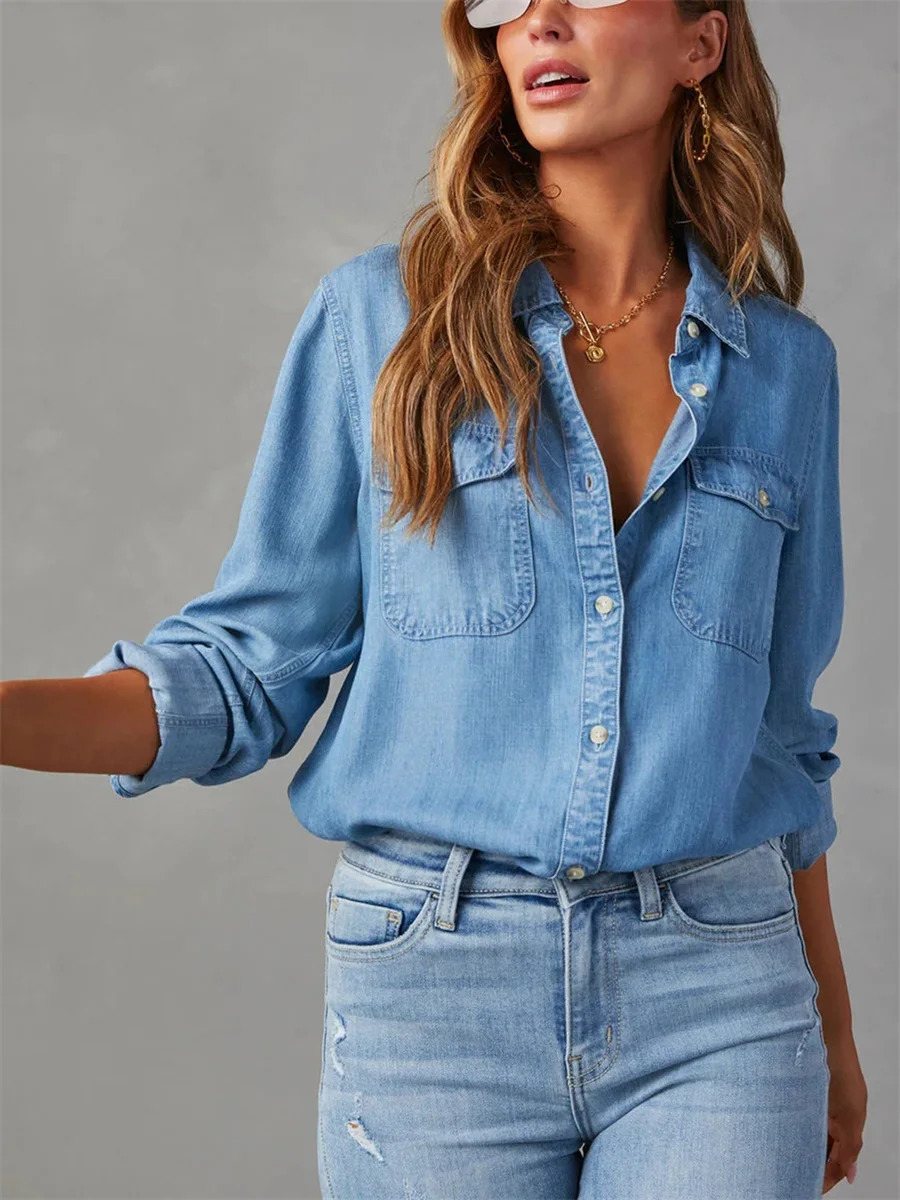 Womens Denim Shirts Solid Color Turn Down Collar Long Sleeve Jean Blouses Spring Loose Casual Tops Streetwear 250317