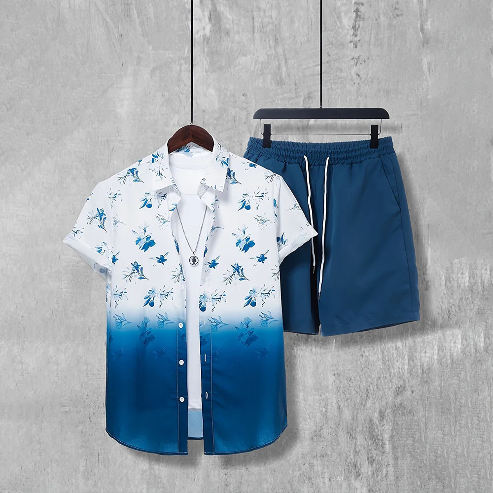 Hawaii Vacation Mens 2-Piece Set Button Down Short Sleeve Shirt And Shorts Outfits Elastic Waist Shorts Palm Leaf Print Shirts 250320