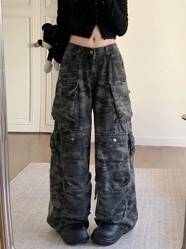 Trashy Y2K Fashion Washed Camouflage Multi Pockets Baggy Jeans Cargo Pants For Women Clothes Wide Leg Loose Lady Trousers 250320