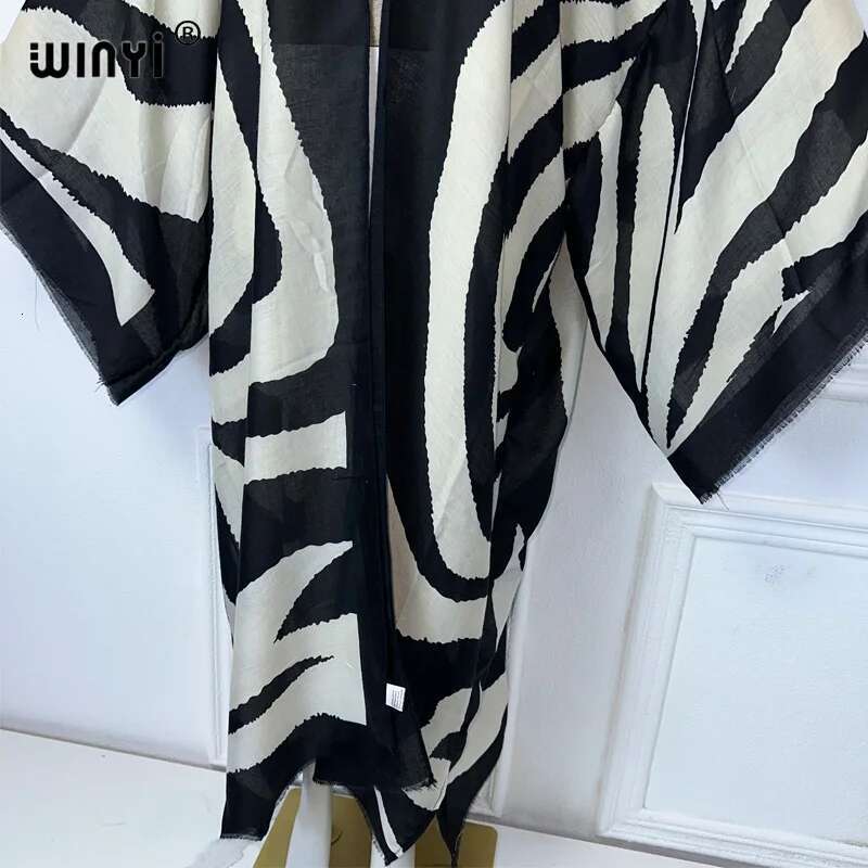 WINYI Kimono Zebra Print Cardigan Abaya Dubai Elegant Beach Outfits Long Coat Women Sexy Cotton Feeg Dress Kaftan