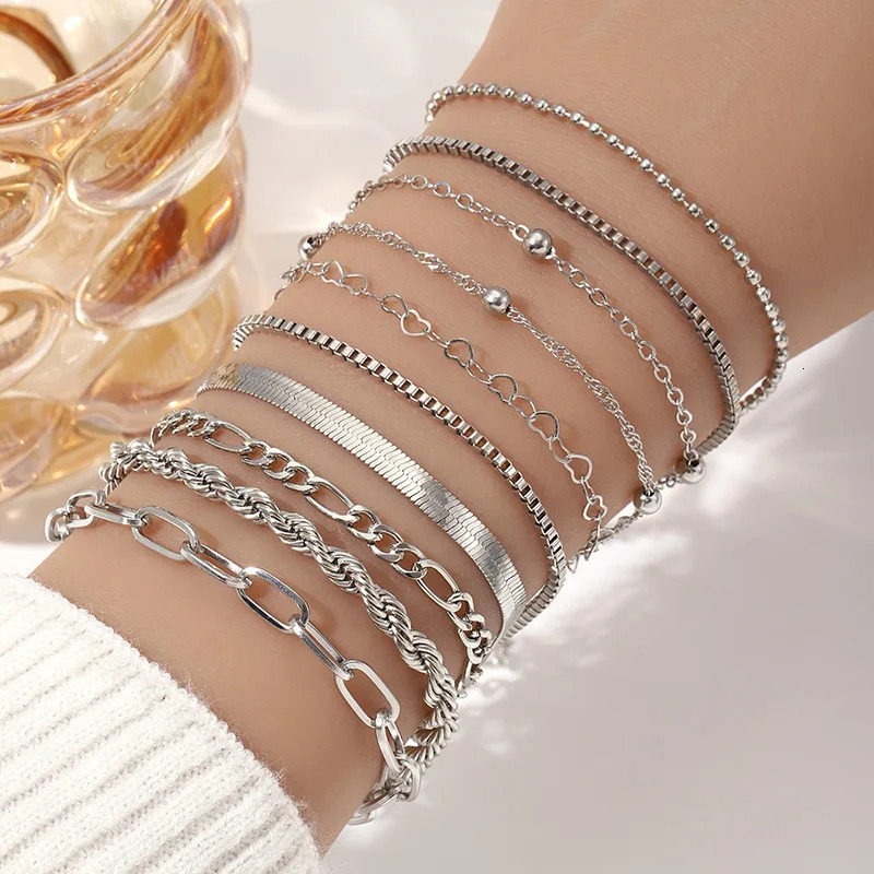 10 pieces of retro statement gold flat snake chain box chain bracelet Bohemian multilayer metal bracelet womens summer jewelry 250318