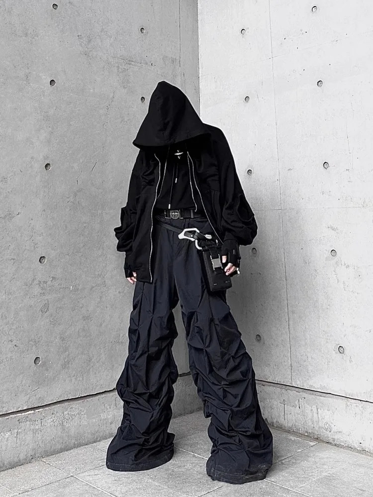 Mauroicardi Spring Autumn Long Black Ruffle Wide Leg Mens Elastic Waist Dark Academic Clothing Street Trousers 250317