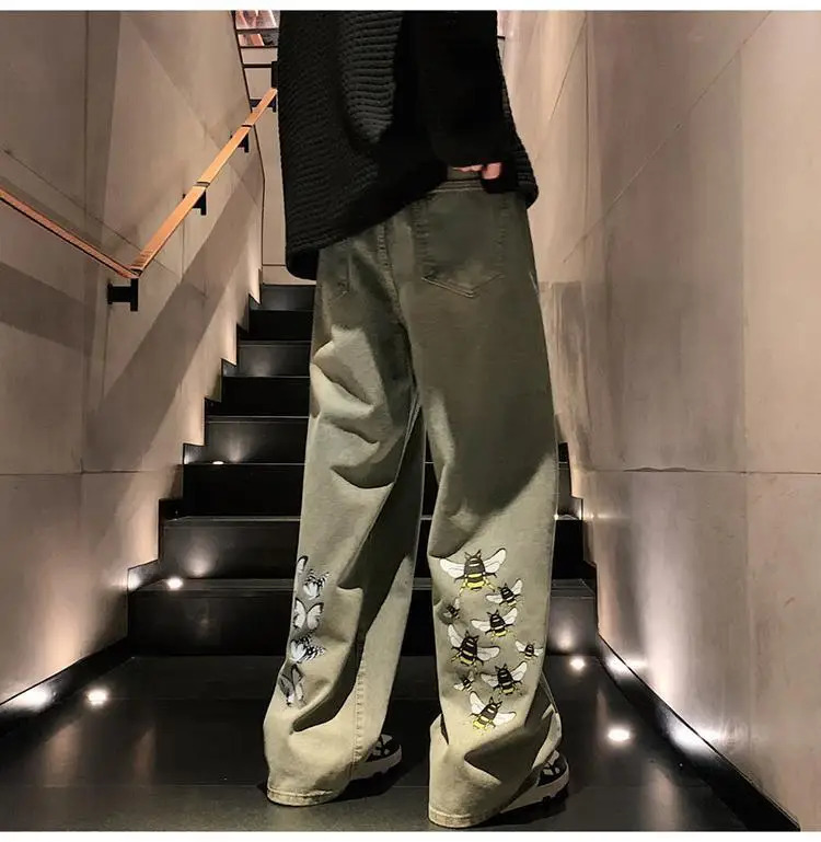 Fashion Butterfly Bee Bag Jeans Mens Hip Hop 90s Retro Grunge Emo Denim Pants Aesthetic Brushing Boys Street Clothing 250317