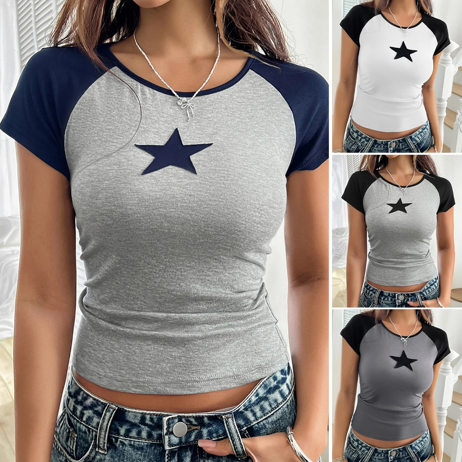 Female Y2K Clothes Star Tops Women T-shirt Retro Fashion Gothic Short Sleeve Crop Slim Sexy Tops Aesthetics Tops Short Navel 250320