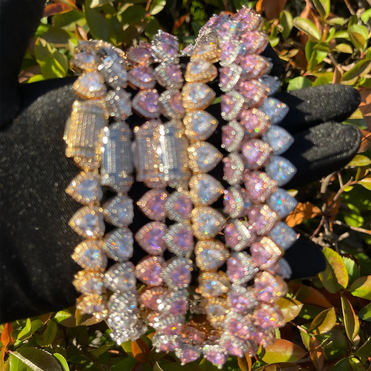 2025 New model Bubble Letter Clustered Heart Tennis Chain for Women Glossy Girl Choker Prong Setting Necklace Pink Hip Hop Jewelry