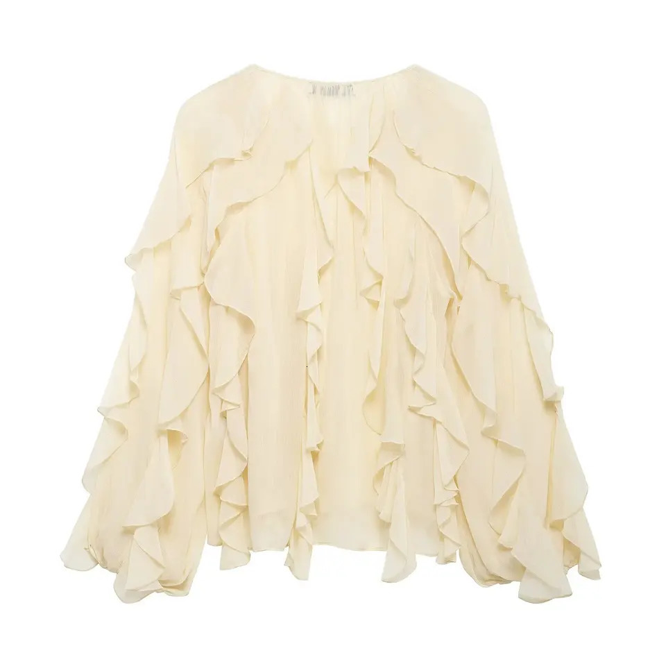 DUOPERI Women Fashion Solid Ruffled Blouse Vintage V-Neck Long Sleeves Female Chic Lady Shirts 250320
