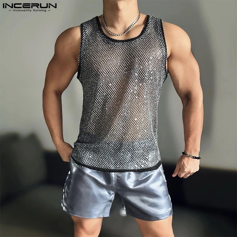 INCERUN Tops American Fashion Mens Sparkling Fabric Hollow Mesh Vest Leisure Club Clothing Selling Sleeveless Vest 250318