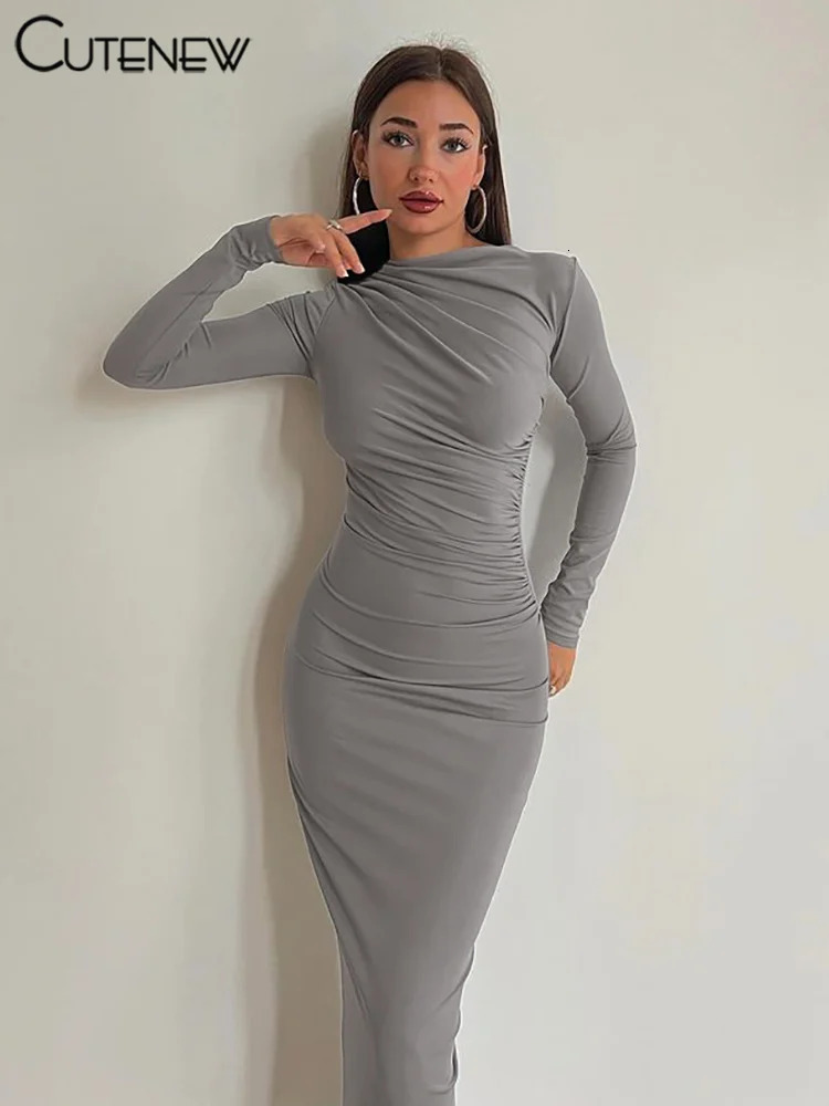 NIBBER Womens Elegant Solid Oneck Patched Work Clothes Maxi Dress Long Sleeve Body Style Robe Evening 250320
