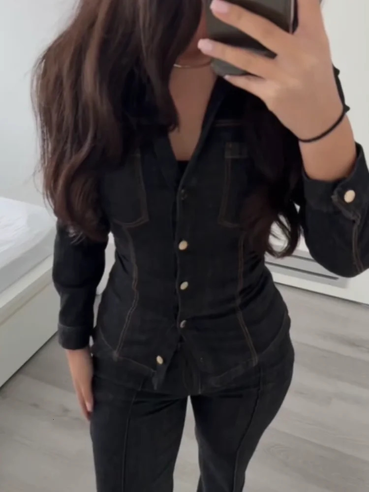 Women Fashion Denim Solid Top High Waist Pants Suits Casual Single Breasted Lapel Neck Shirts Pant Set Spring Lady Street Wear 250320