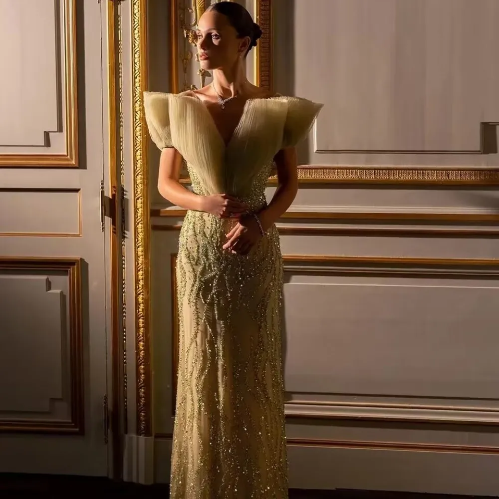 Fashion Evening Dresses For Women Off Shoulder Sleeveless Gown Sequins Ruffles Sweep Train Party Customized Dress
