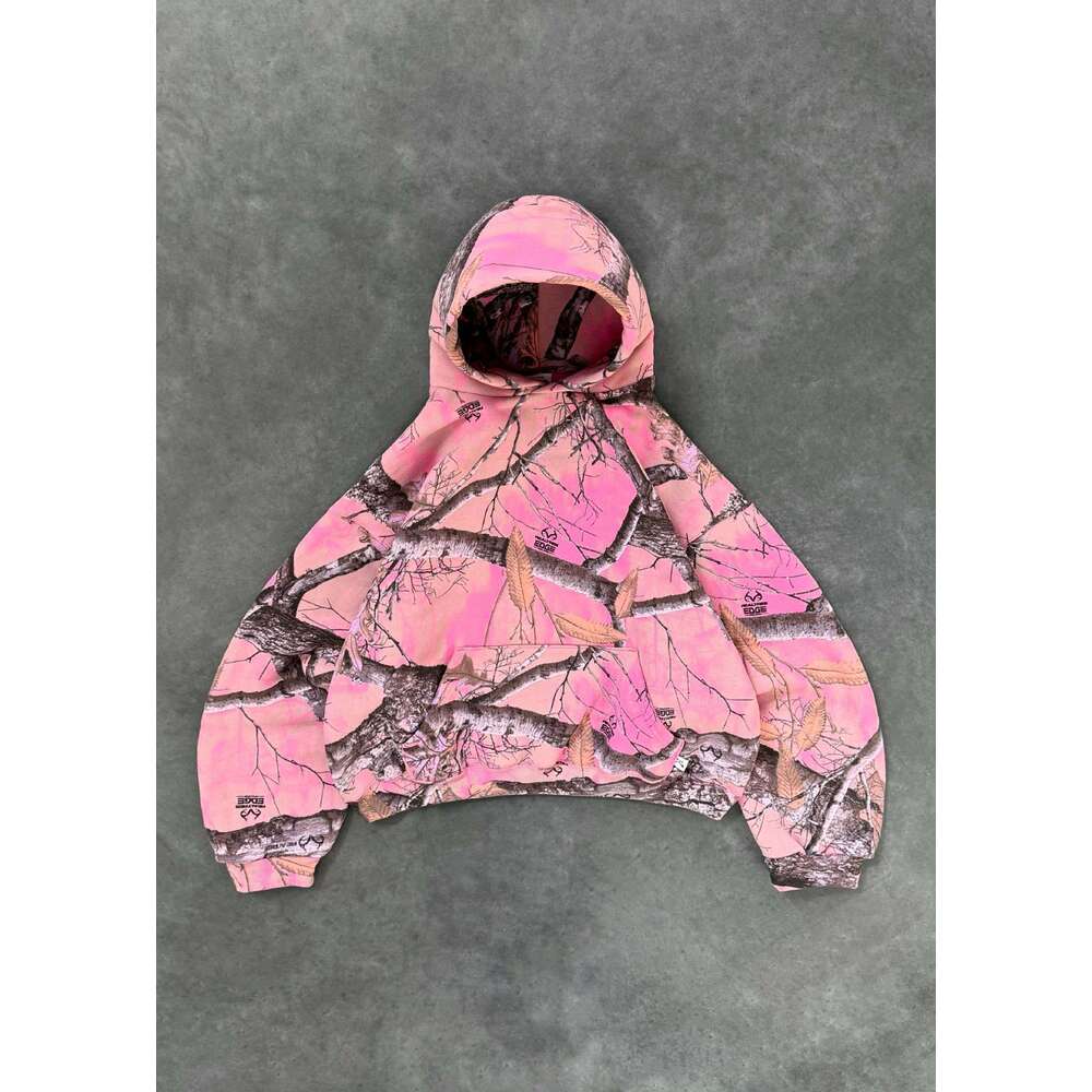 Niche trendy brand Akimbo street branch camouflage print pink hoodie for men and women