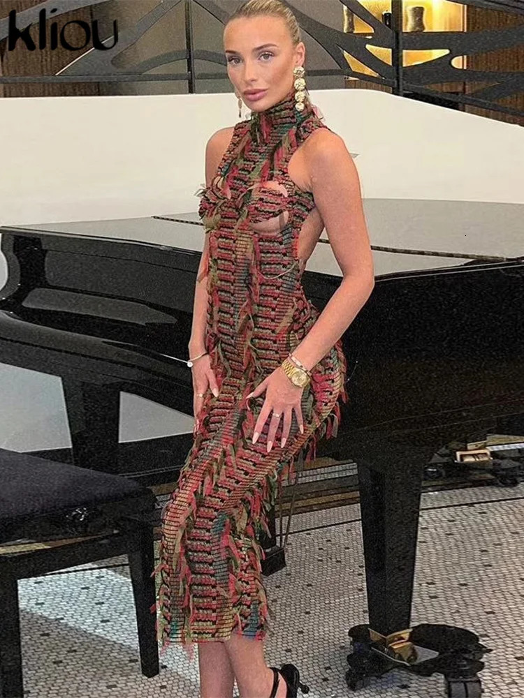 Kliou Panelled Tassel Midi Dress Womens Unique Backless Sleeveless Sexy Cleavage Skinny Vestitos Amazing Street Party 250320