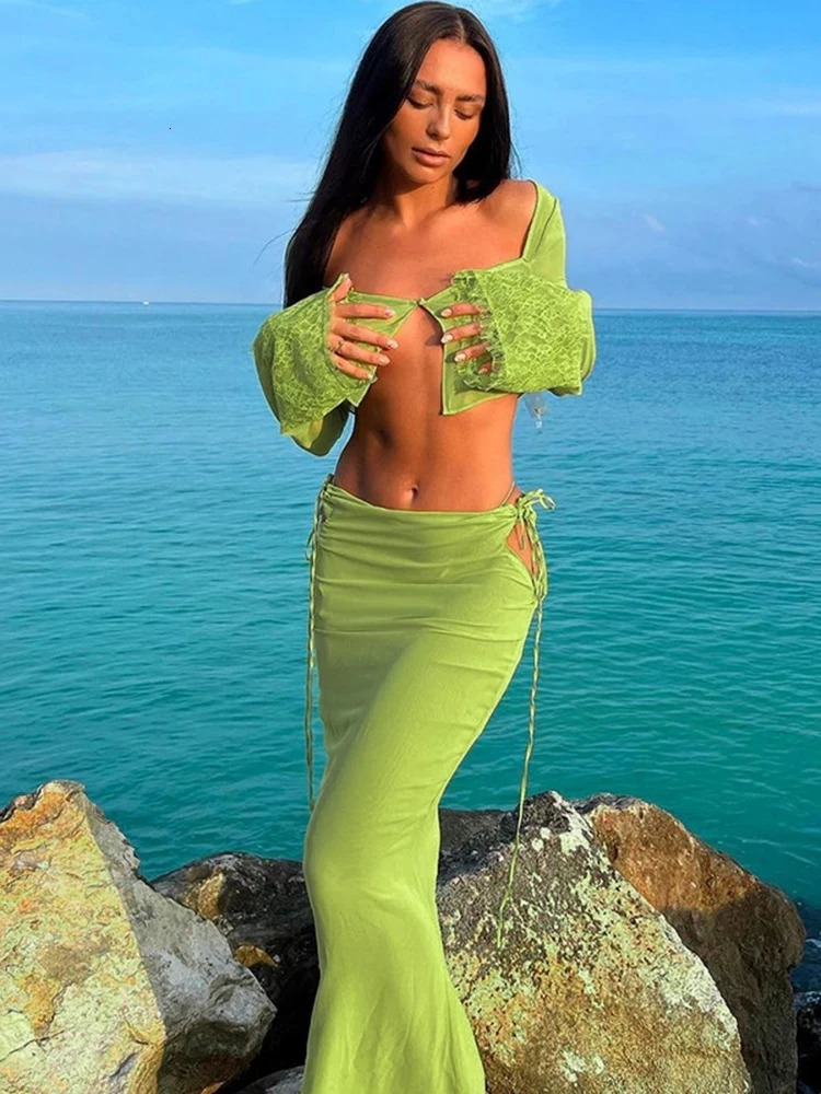 Y2K Green See Through Lace 2-piece Dress Womens Sexy Cut Open Fleece SweaterMaxi Tight Clothes Womens Holiday Party Set 250318