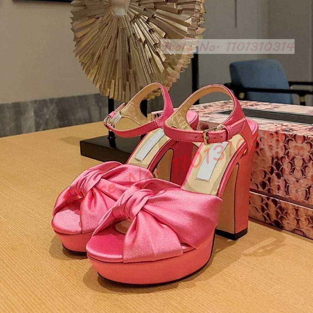 Wedge Heels Pink Bowknot Platform Women Lovely High Chunky Heels Open Toe Satin Shoes Ladies Summer Veet Sandals