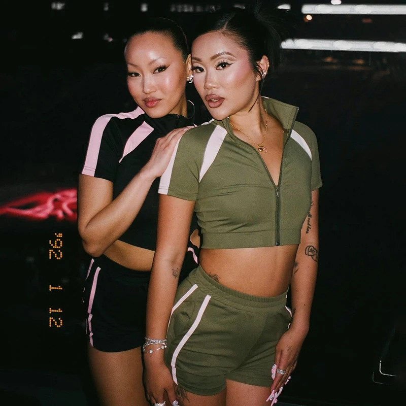 CUTENOVA Spring Summer Lapel Zipper Clash Color Patchwork Waistless Short Sleeve Skinny Short TopElastic Cord Sports Shorts Set 250320