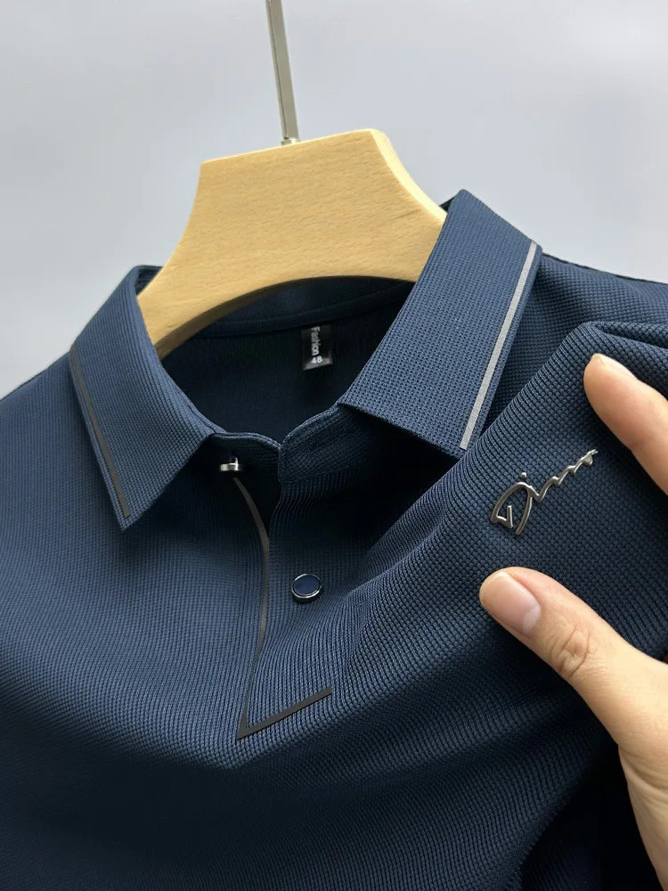 Lightweight ice silk short sleeved T-shirt mens flip collar casual summer fashion embroidery cool breathable polo shirt 250320