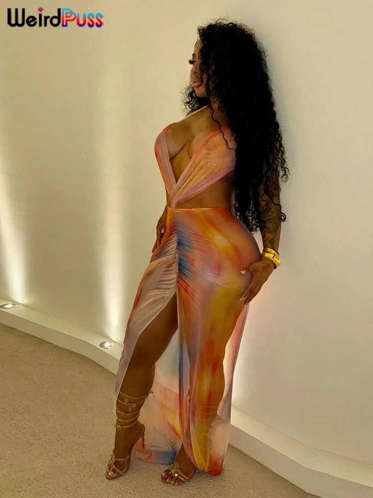 Weird Puss Irregular Ruched Dress Women Sexy Mesh Colorful Gradient Summer Trend Cross Backless Split Hollow Stretch Bodycon 250317