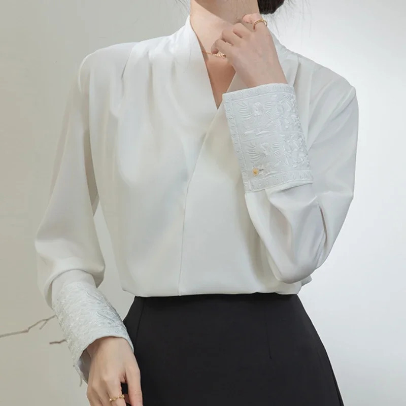 Spring Autumn Chinese Style Womens White Blouse 2025 Embroidery Long Sleeve Cross V-neck Casual Office Lady Shirt Female 250320