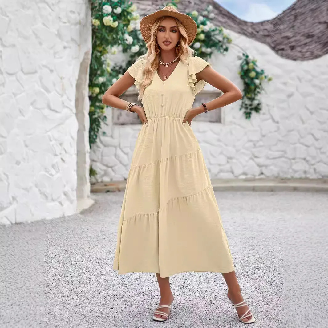 2025 Womens Long Summer Dress Button V-neck Short Sleeve Dress Solid Color Casual Beach Dress Big Swing Boho Beach Dress 250320