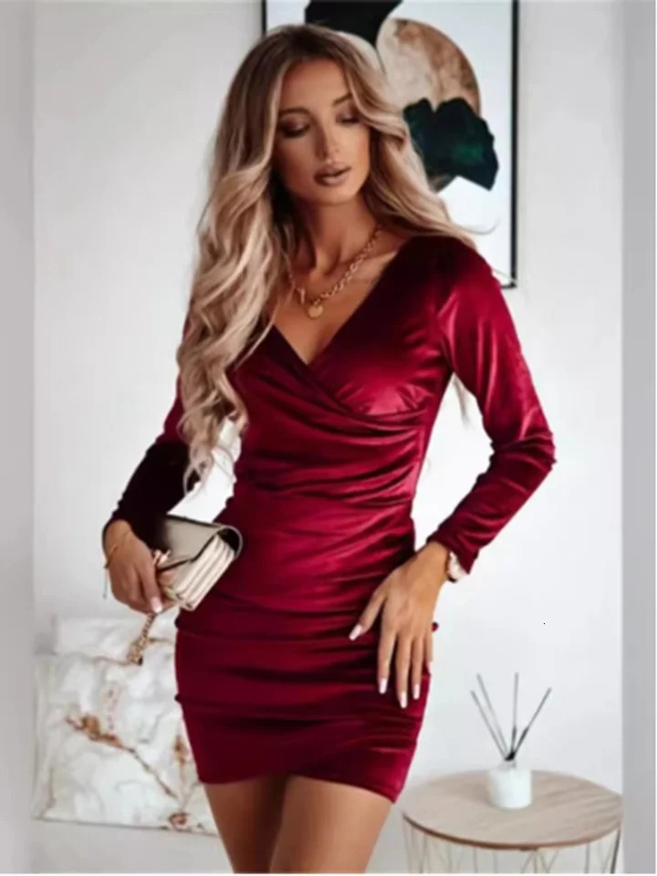 Ladies Solid Color Velvet Dress Womens Vneck Long Sleeve Mini Autumn Winter Party y 250320