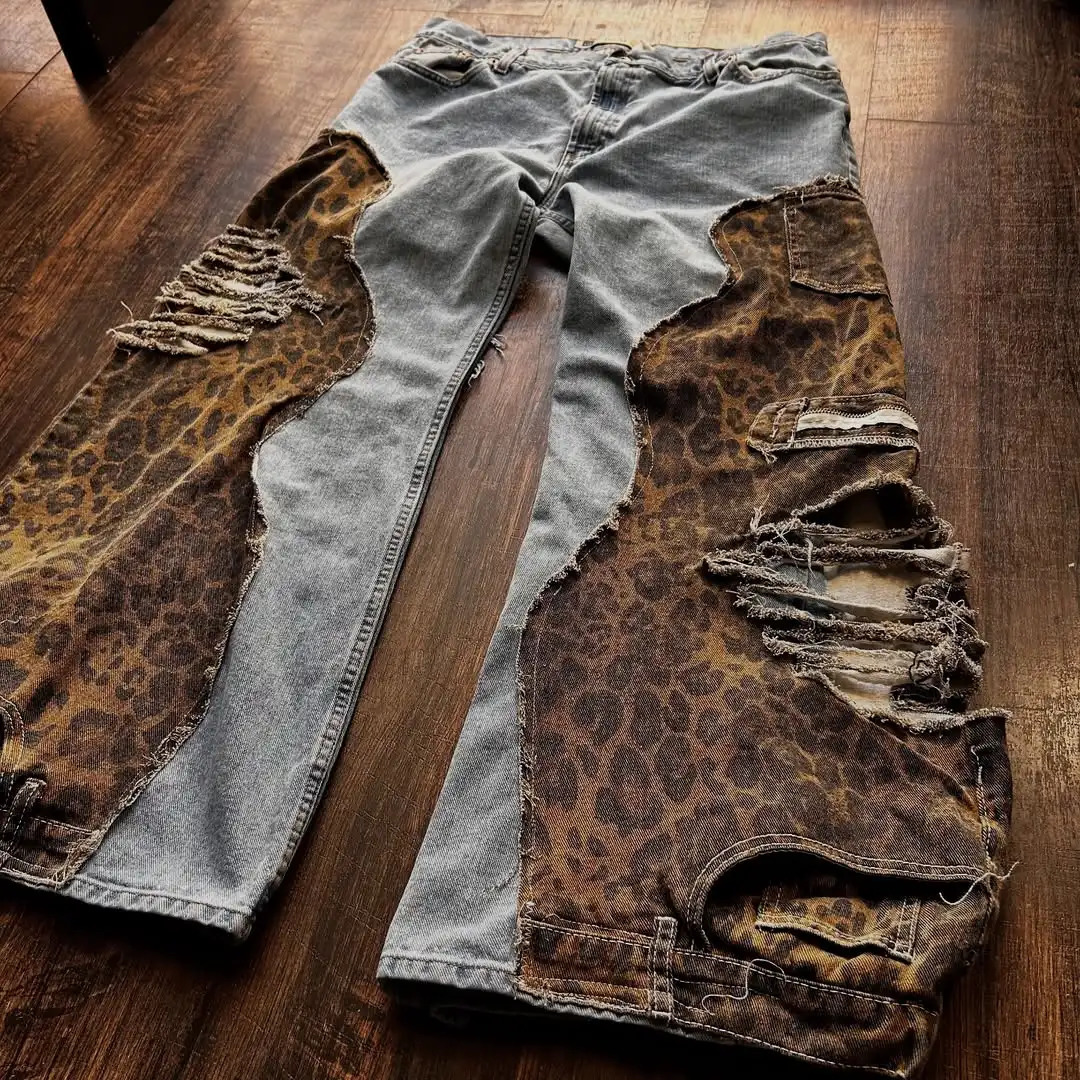 Harajuku retro unique destructive n leopard patch work wash jeans mens loose casual street hiphop wide leg pants 250320
