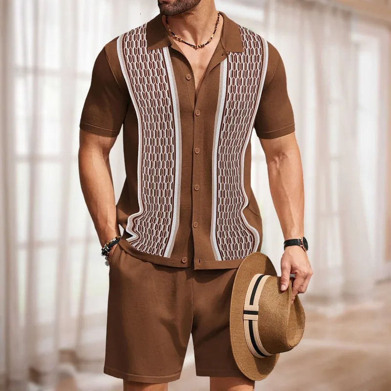 Summer Mens Clothing Knit Tracksuit Set Leisure Short Sleeve Solid Color ShirtsShorts 2 Piece Knitwear Suit 250320