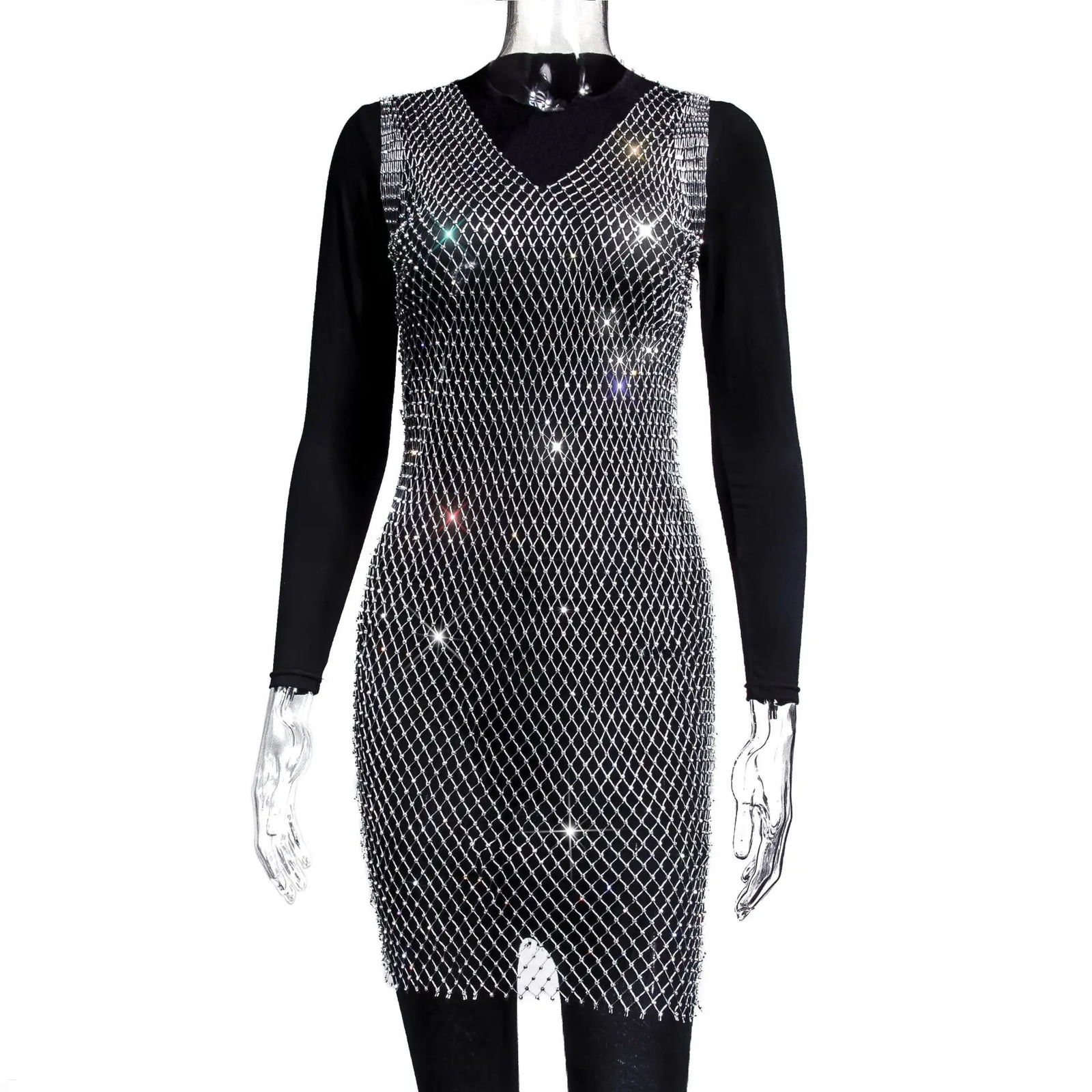 Sexy and shiny Rhinestone mesh fishnet dress with a hollow outer beach covering breathable womens birthday party dresses 250320