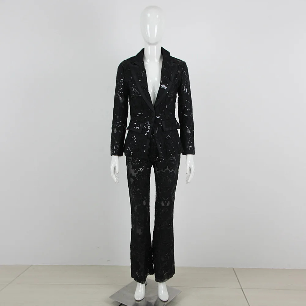 Black lace mesh embroidered sequin pants set white er sequin jacket pants set 2-piece pants set punk set 250320