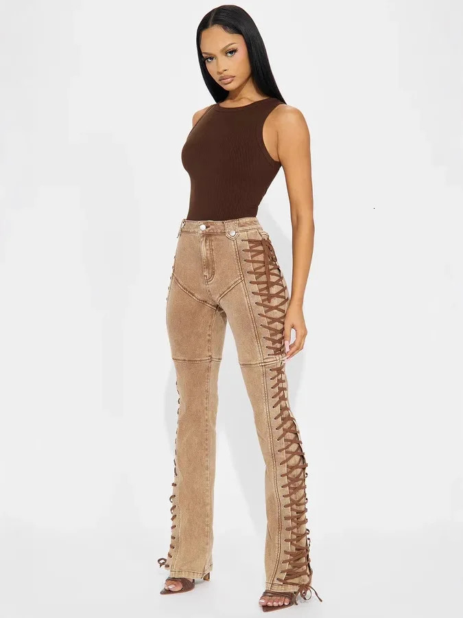CM. YAYA Womens Street Clothing Cutting Side Lace Products Pencil Denim Wide Leg Jeans Autumn Casual Fashion Holiday Trouser 250320