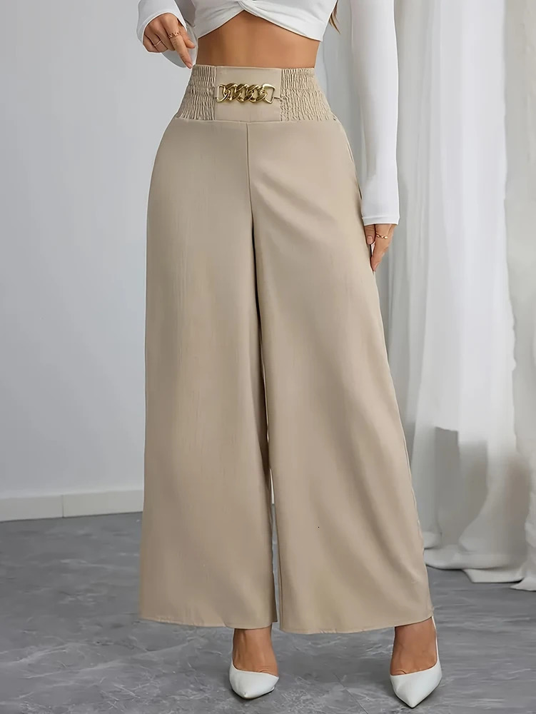 Womens casual wide leg pants oversized fit brushed waist polyester blend suitable for beach or loft 250320