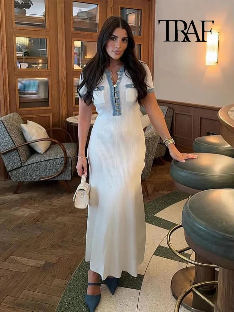 TRAF Women Fashion Splicing Knit Slim Long Dress Elegant Vneck Short Sleeve Button Casual Maxi Pleated Wrap Party Dresses 250317