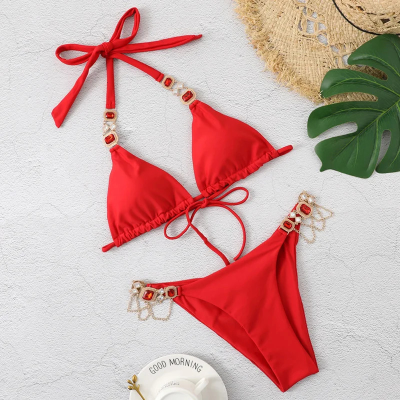 Sexy Womens Swimsuit With Rhinestones Solid Bikinis Female Swimwear Push Up Bikini Beachwear Swimming Bathing Suit Bather 250320