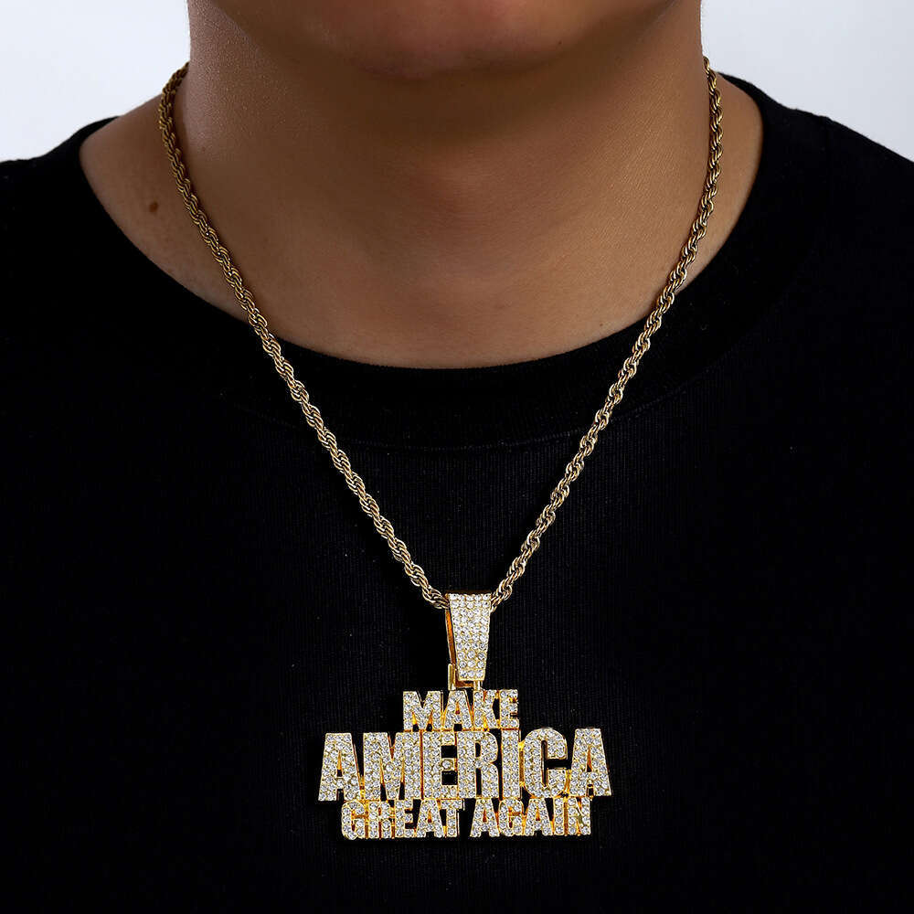 Men's Hip Hop Jewelry Full Dia Letter Splicing Pendant Necklace Cool Punk Cuban Chain Accessories