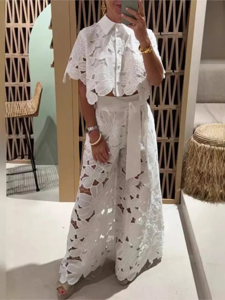 Sexy Hollow Lace Patch Work Pants Set for Womens Fashion Short Collar Open Collar Open Collar Long Leg Trouser Two Piece Set 250320