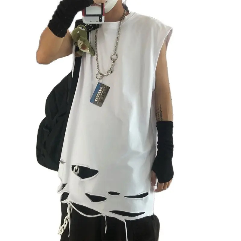 Summer ripped hole punk hip-hop vest retro mens long sleeved sleeveless vest 250318