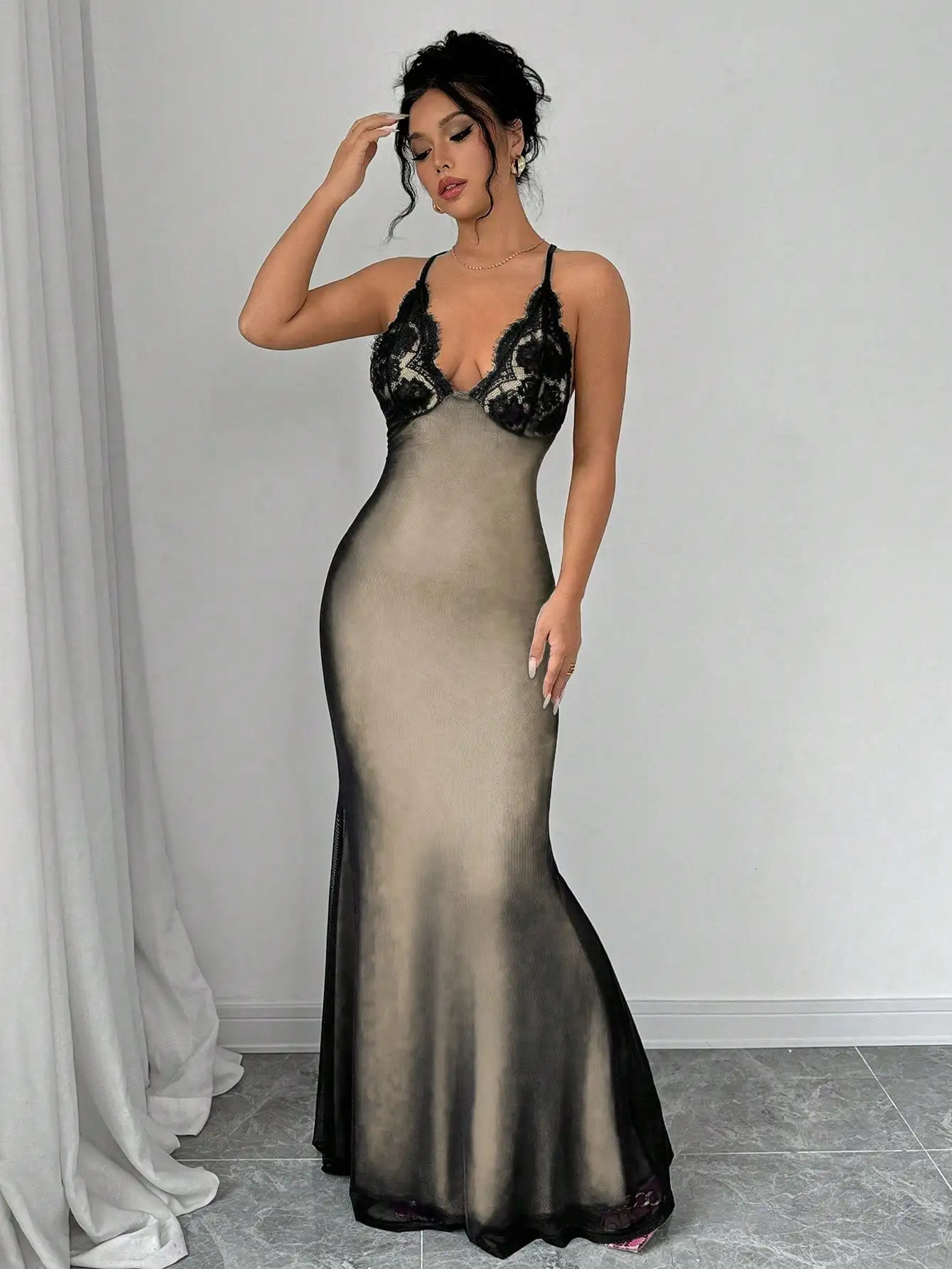 V-neck lace panel Crisscross back fishnet detail womens long skirt 250318