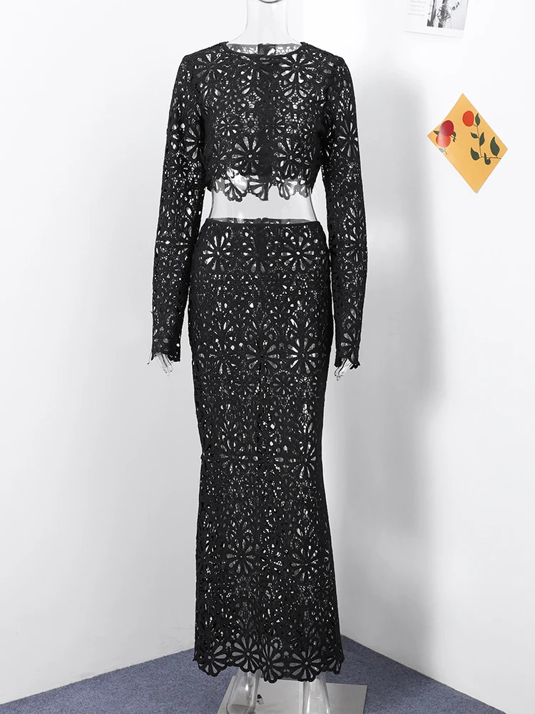 Elegant See Through Crochet Top Women Set Hallow Out Flare Long Sleeve Top Slim Empire Hip Package Skirts 2025 Summer Lady Set 250320