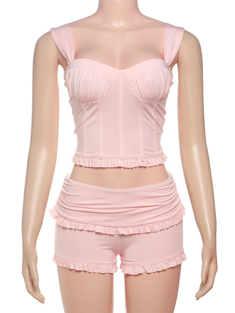 Weird Puss Women Vacation 2 Piece Set Ruched Square Collar Sleeveless Crop TopsRuffles Shorts Summer Beach Style Classic Suits 250320