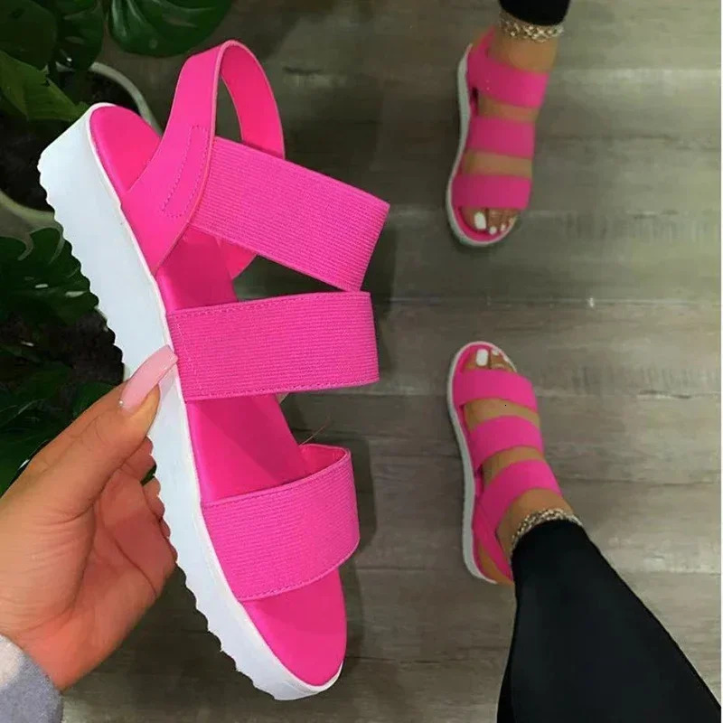 Summer womens sandals casual shoes hollow solid color smooth sole thick elastic band apartment plus size beach 250321BJ