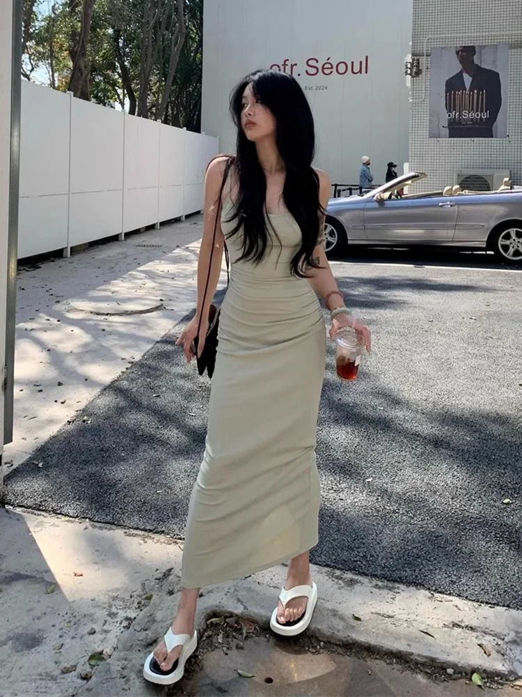 Sexy and sexy girl hollow backless vest dress womens summer Y2k clothing party tight split package Hip Sundress 250320